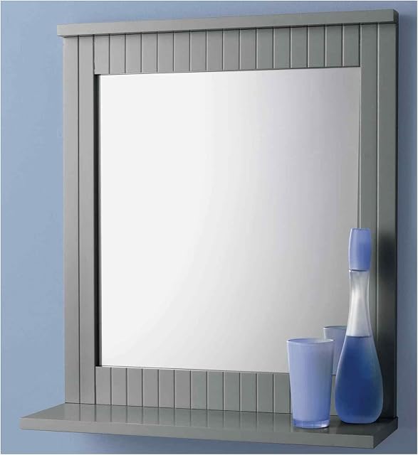 Saxony® Bathroom Wall Mounted Mirror with Cosmetics Shelf Hanging Wooden Frame Elegant Style Clean lines with Crisp Grey Finish Modern Traditional Decoration Flat Pack