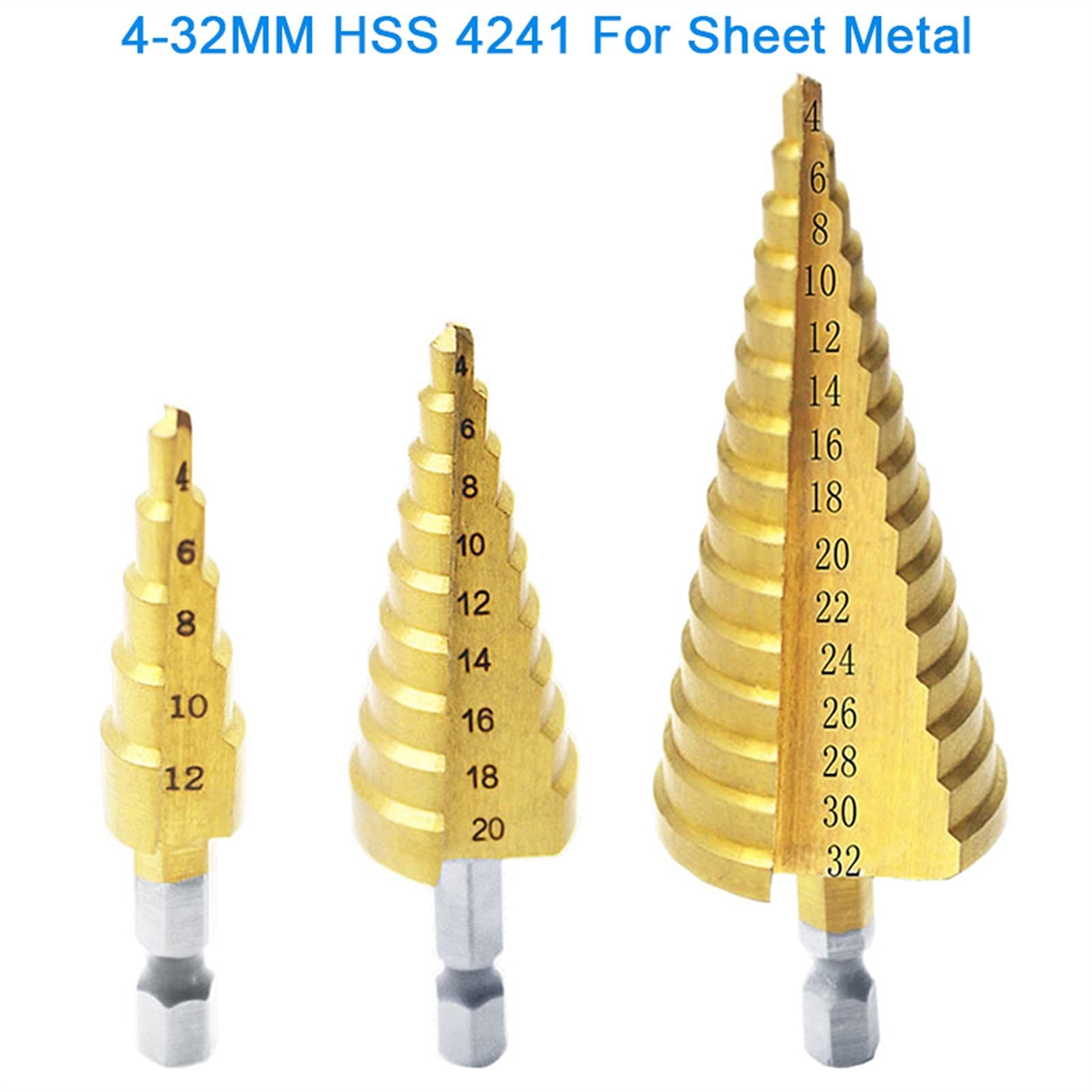Set di punte per trapano industriali, facili da installare e da usare, 4-12/20/32 mm, 3 pezzi, punte per trapano a gradini in titanio HSS e acciaio