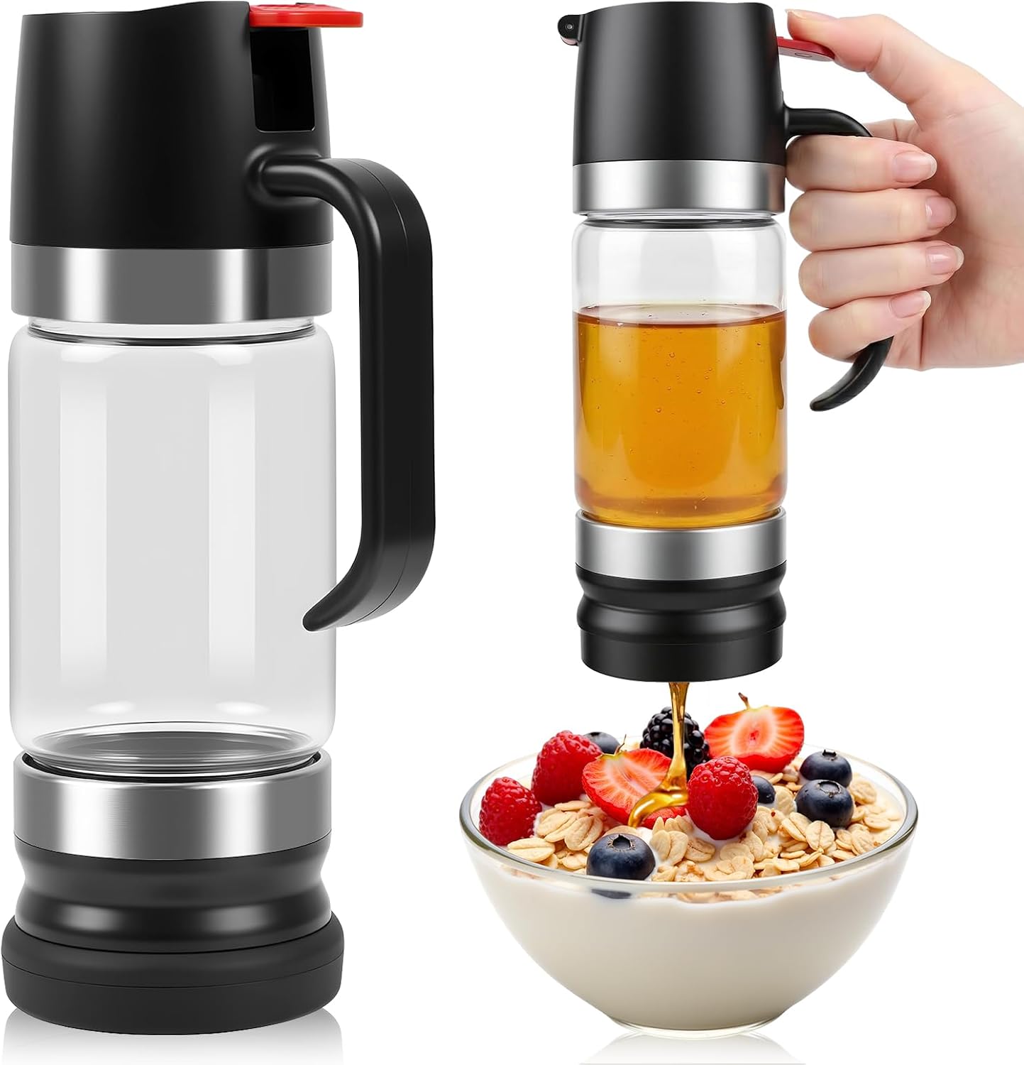 Honey Dispenser, 12 oz No-Drip Glass Syrup Jar with Base, Black | 2026 Upgraded Design · Easy-Press Handle · Smooth, Mess-Free Pouring for Coffee, Tea, Pancakes and Waffles