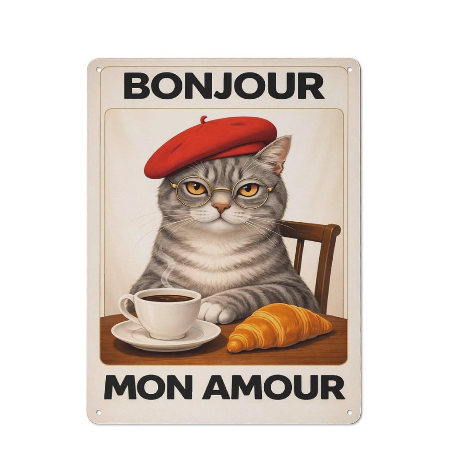 Junmoney Style-14 For Hobby Room Or Studio, Bonjour Mon Amour Cat Retro Metal Sign 40X30cm, A Decorative Gift For A Newly Furnished Hobby Room And Studio