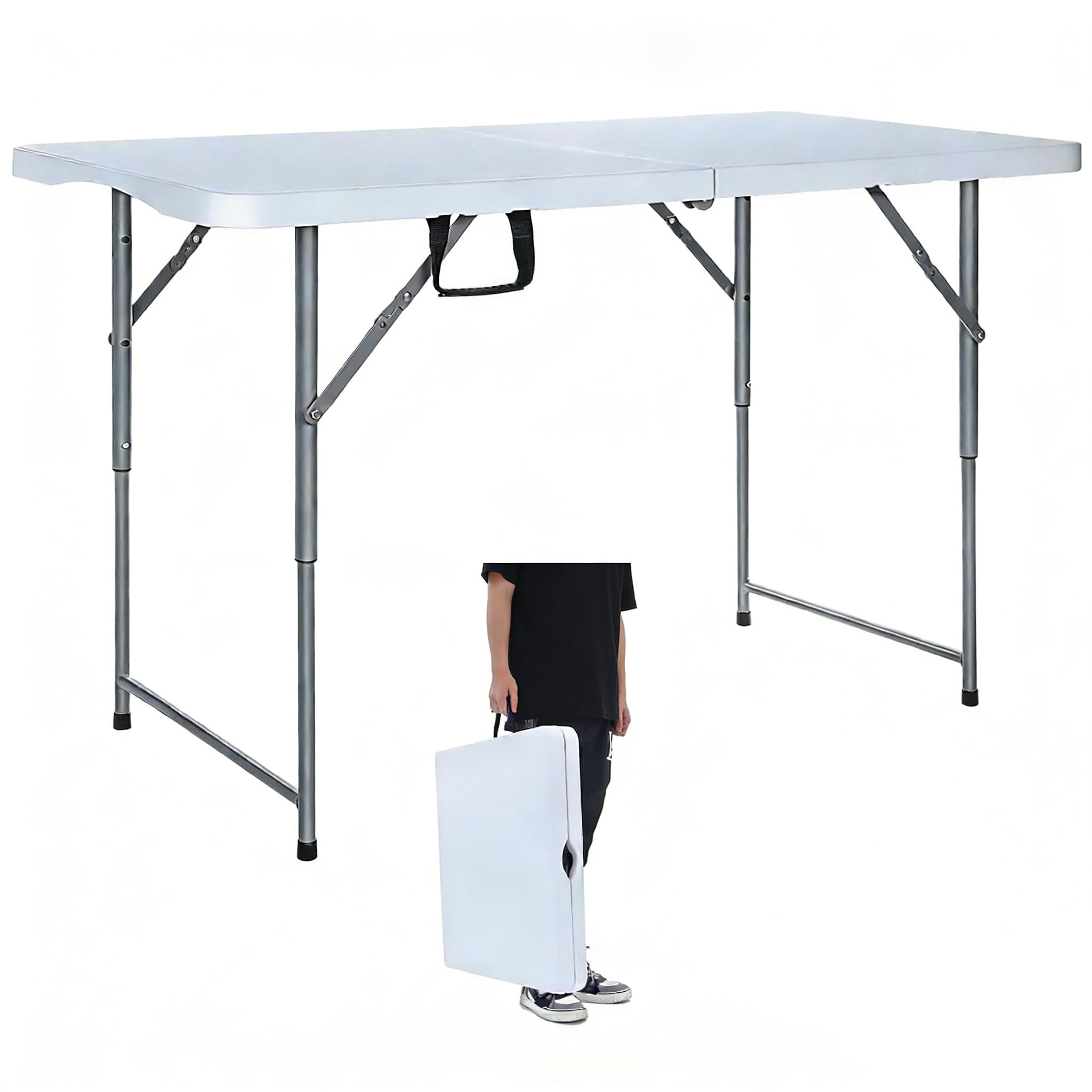 Folding Table 4 Foot Heavy Duty Plastic Utility Table Portable Thick Table Top Indoor Outdoor Adjustable Height Folding Table,Sewing Table Camping Party Gathering ,White