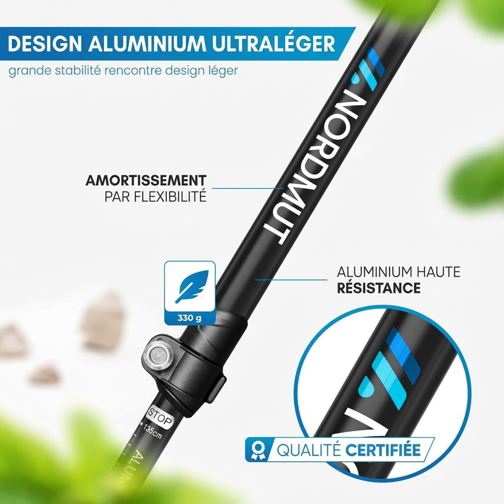 NORDMUT® Bâtons de randonnée télescopiques de qualité supérieure [aluminium et carbone] Bâtons de marche nordique réglables pour homme et femme | Bâtons de trekking ultra légers [avec jeu de tampons en caoutchouc] extensibles avec poignée en liège véritab