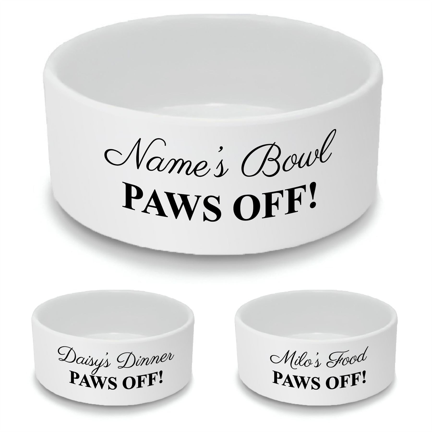 Personalised Ceramic Dog Bowl - Large White Pet Food Dish with Paws Off! Design - Custom Name Dog Bowl 18cm Wide x 7cm Deep - Ideal for Medium to Large Dogs — image 1