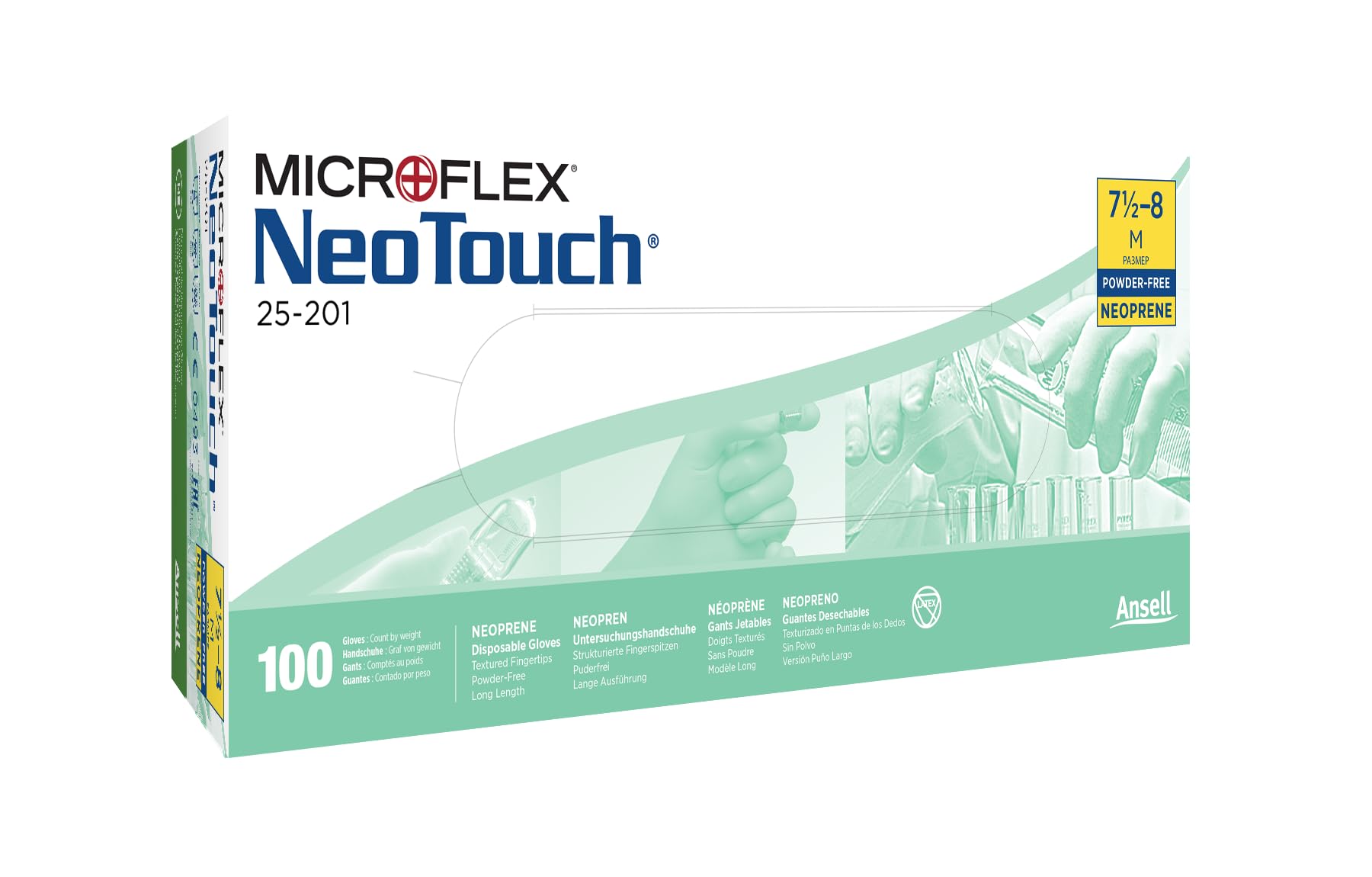 Ansell Microflex 25-201 Gants Jetables Néoprène, Gant Usage Unique Haute Qualité, Protection Chimique et Mécanique, Risques Industriels, EPI Professionnel, Vert, Taille L (100 Gants)