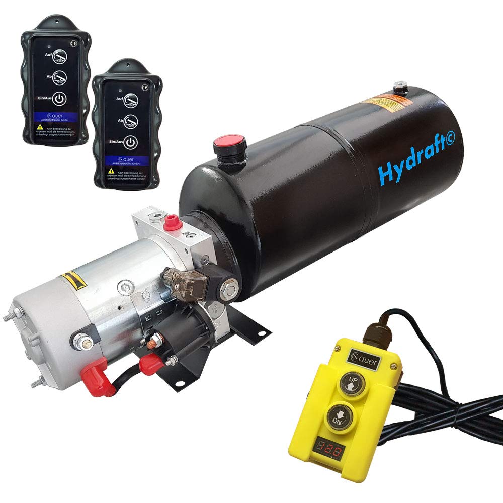 Hydraulikaggregat HYDRAFT, Hydraulikpumpe 12 V 180 bar 2000 Watt mit 10 Liter Stahtank und Kabelfernbedienung Funk (2 x Funkfernbedienung)
