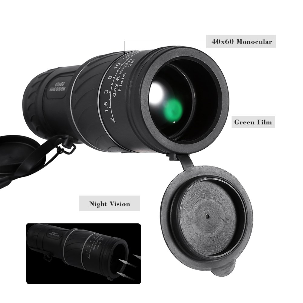 Télescope Monoculaire, HD 40x60 Poche Vision Nocturne Longue Vue Focalisatio Film Vert Portable BAK4 Prisme FMC étanche Jumelles L'observation Oiseaux Chasse Camping Randonnée Voyage Tourisme Pêche