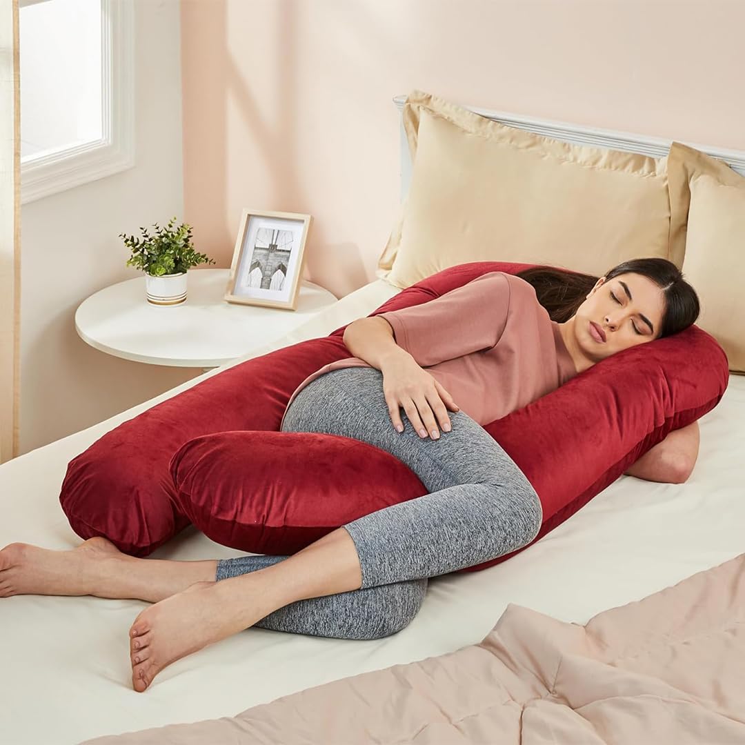Amazon basics Full Body Pregnancy Pillow for Maternity,Baby Nursing,Full Body Support-Abdomen,Hip,Spine,Neck&Leg Support Cushion| Perfect Baby Shower Gift | U-Shaped-Washable Cover with Zip - Maroon