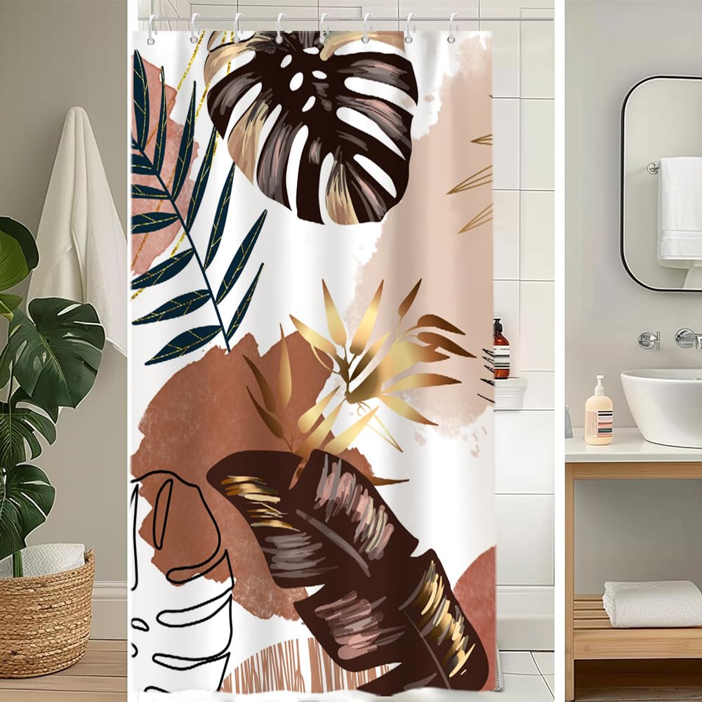 Tenda Doccia Antimuffa, Tenda da Doccia 120x200cm Rossi Boho Style Tropicale Foglie di Palma Giungla Astratta Tende da Bagno Tessuto Lavabile Impermeabile Tende Vasca da Bagno con 8 Anelli