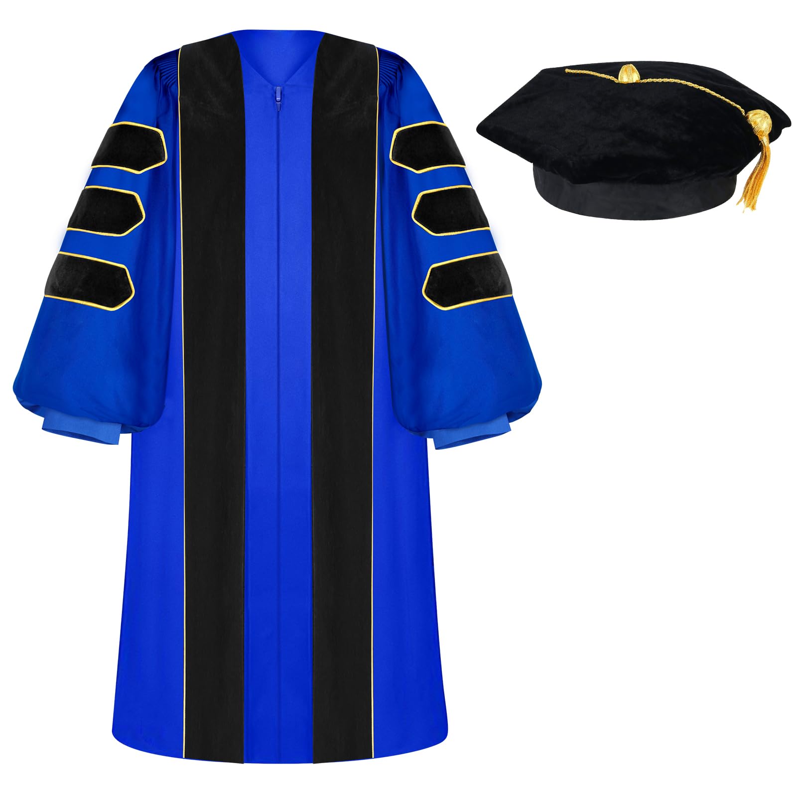 Unisex Deluxe Doctoral Graduation Gown with 8 Sides Doctorate Tam | Gold Piping Doctoral Regalia for Graduation Ceremony Sapphire Blue-48