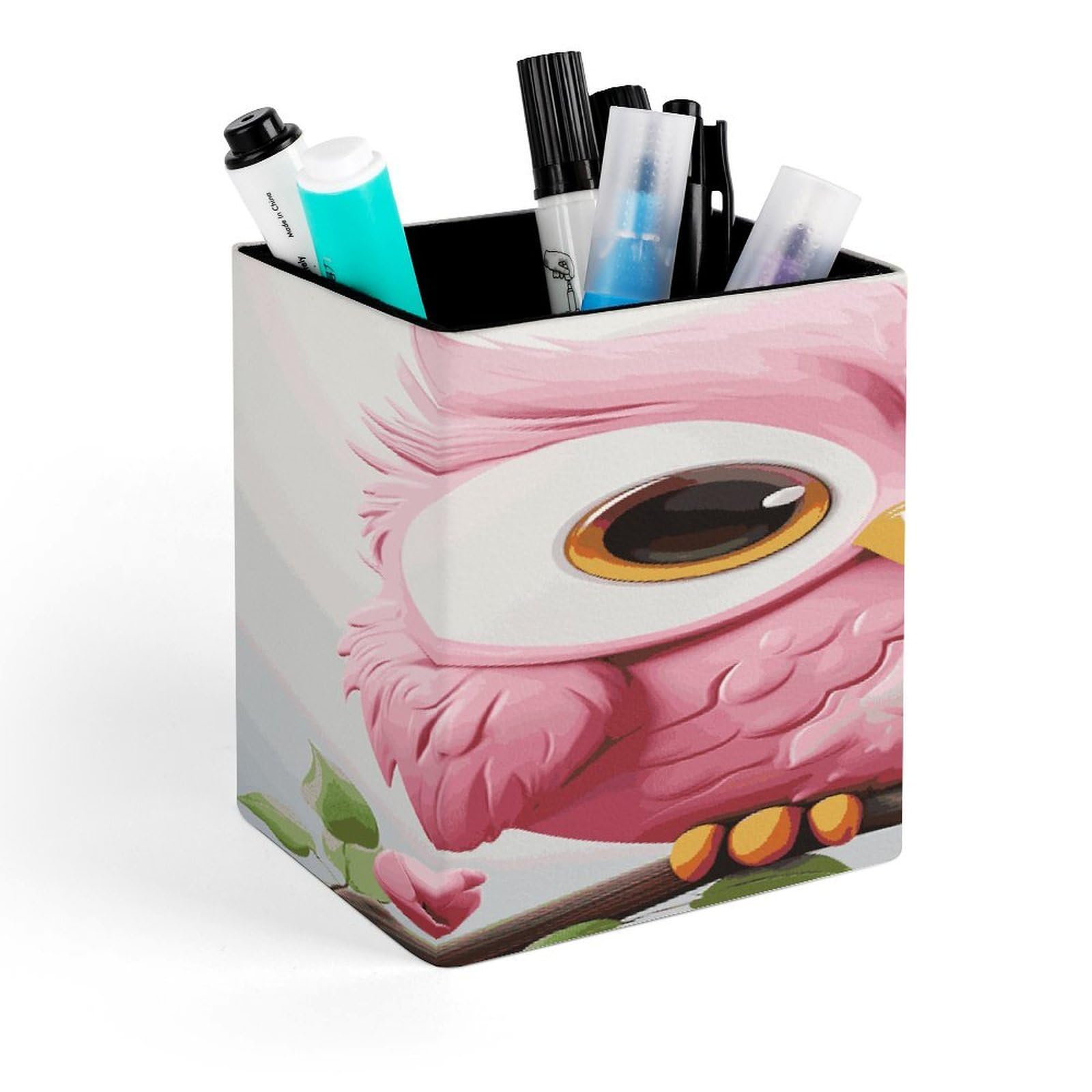 JTREHY A Pink Owl Pen Holder Square Pen Pencil Holder Makeup Brush Holders Cup PU Leather Pencil Cups Desktop Caddy Stationery Organizer Case Office Accessories Container Box
