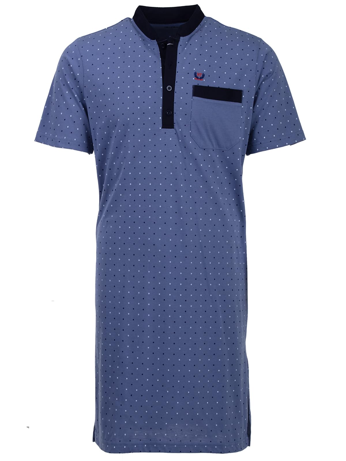 Henry Terre Men's Short-Sleeved Stand-Up Collar Nightdress with Dots, Chest Pocket, Button Placket, Size
