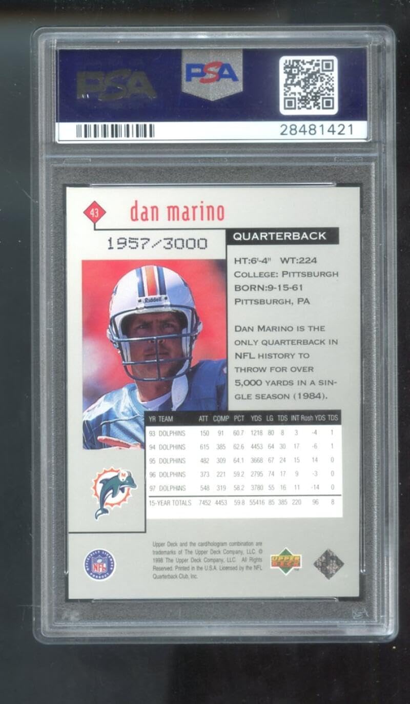 1998 Upper Deck Black Diamond Rookies Double #43 Dan Marino PSA 8.5 Graded Football Card NFL Miami Dolphins