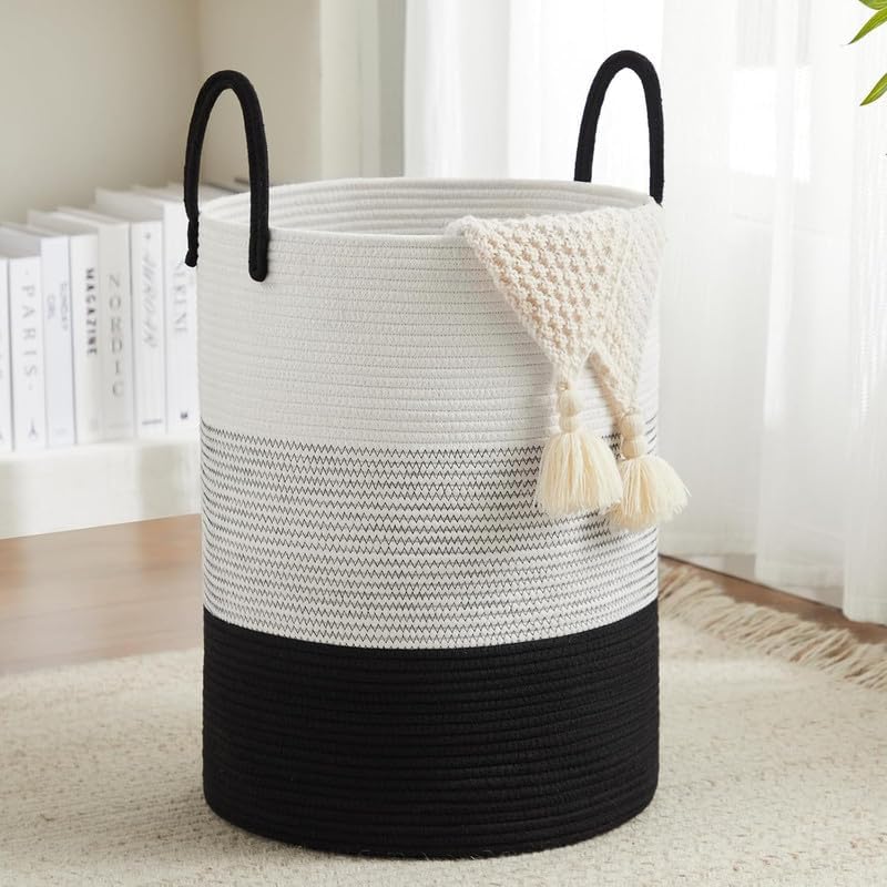 Image of Jute Cotton Rope Laundry Basket with Handles, Large Tall Clothes Hamper for Bedroom, Baby Nursery, Bathroom, Laundry Room & Home Storage Organizer (14x16 Inch, White Black Grey)