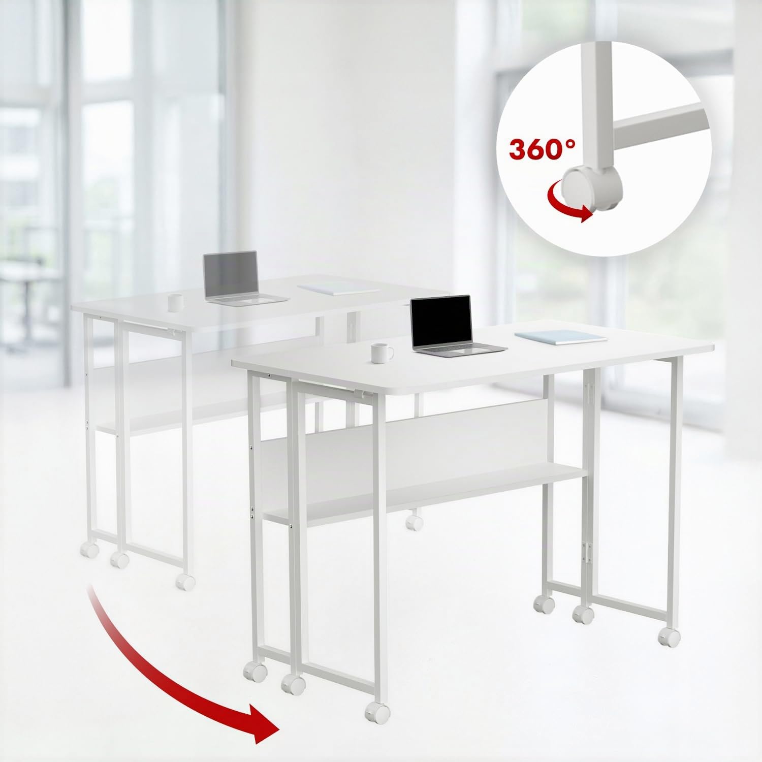 Maclean MC-126 Escritorio Plegable con Estante y Ruedas | Tablero de 100x58 cm | Capacidad de Carga de 50 kg | Plegado Rápido | Mesa Móvil Compacta para Teletrabajo, Estudio, Oficina en Casa (Blanco)