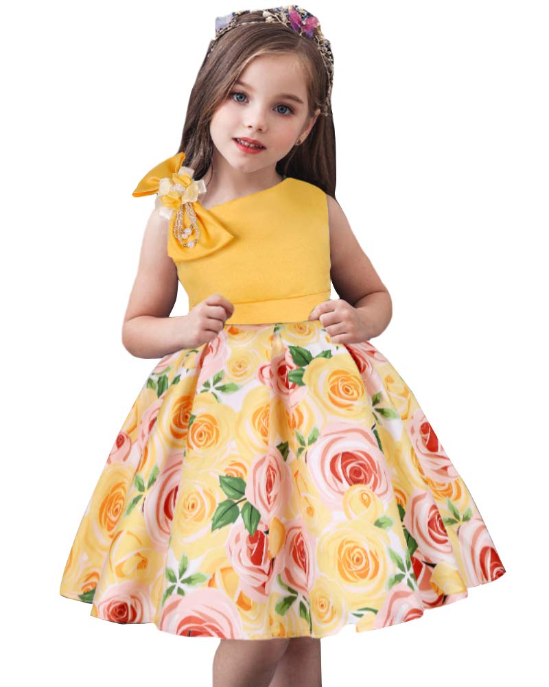 AGQT Muchacha Vestido Fiesta Niña,Vestido Princesa Niña Ceremonia Comunion Boda Elegante Corbata De Moño Flores Vestido 2-11T