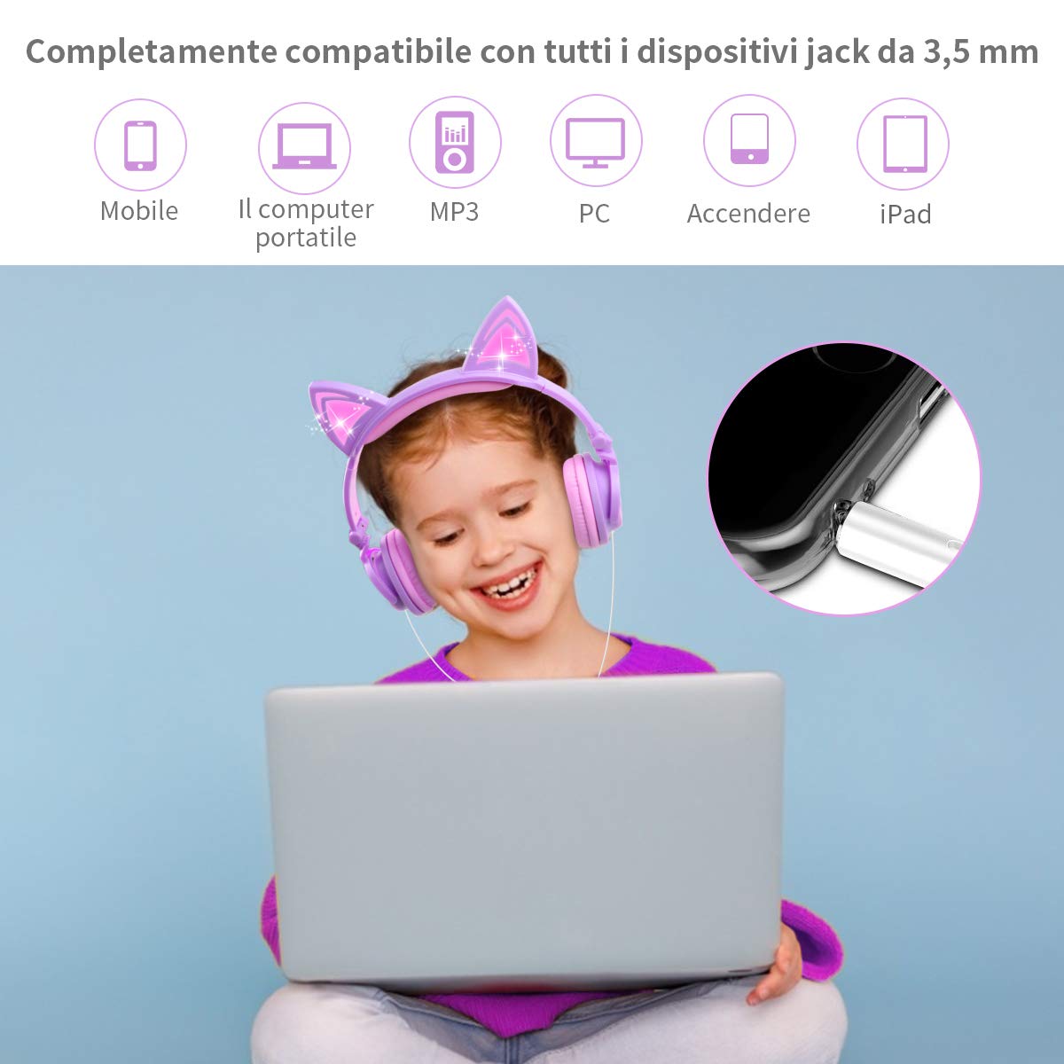sunvito Cuffie per Bambini, Orecchio sopra con orecchie di gatto incandescente a LED, Cuffie Bambina Pieghevoli Cablate, 85dB Volume, cuffie gatto per ragazzo (Rosa2)