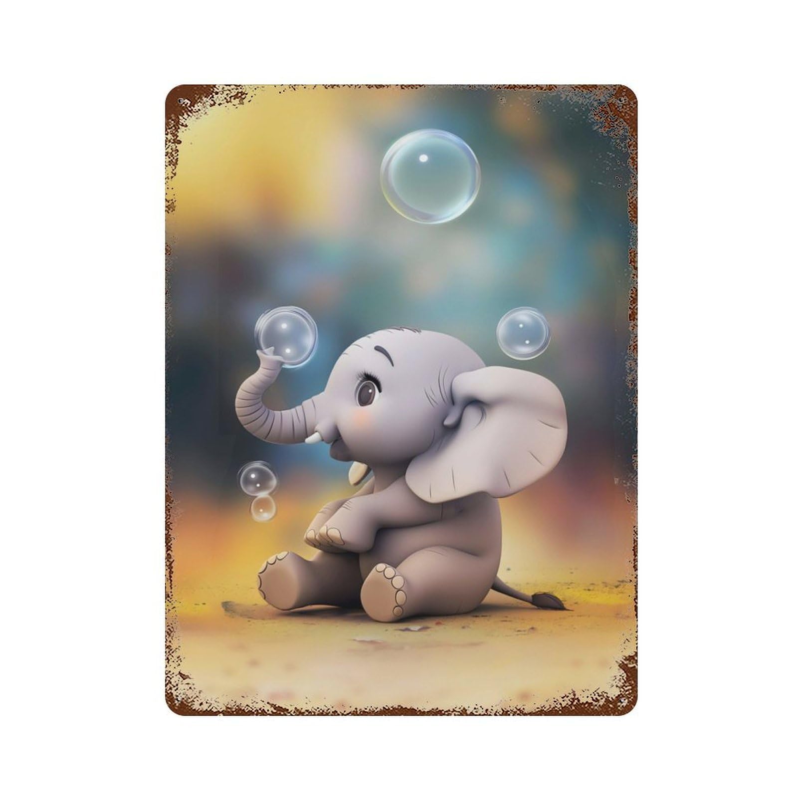 Elephant Blowing Bubbles Vintage Wall Sign 15.7"x11.8", Rust Effect Metal Decor for Basement, Hobby Room And Garage Decor