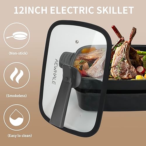 Miniatura 3 de AEWHALE Parrilla eléctrica multifuncional 3 en 1, sartén eléctrica antiadherente con tapas, parrilla de fiesta de 1400 W para cocinar carnes y