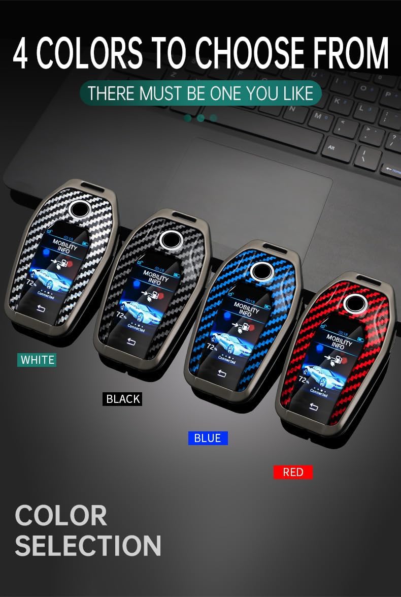 SANRILY Catbon Fiber Pattern Black Smart Key Fob Cover Fit for BMW 7 Series G11 G12 5 Series G30 G31 X3 G01 X4 G02 X5 G05 X7 G07 i8 Keyless LCD Display Key Holder with Keychain
