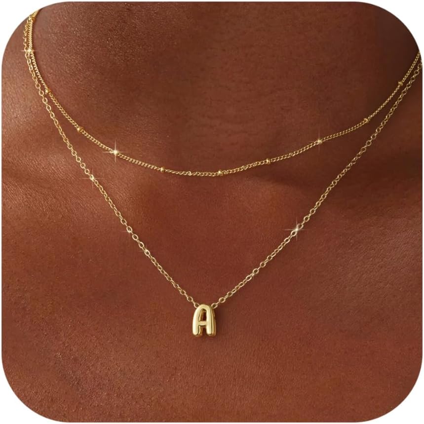 Initial Necklaces for Women 14K Gold Plated Bubble Letter Necklace Layered Dainty Cute Choker Pendant Stack Jewelry Fashion Accessories Teen Gift Trendy Stuff