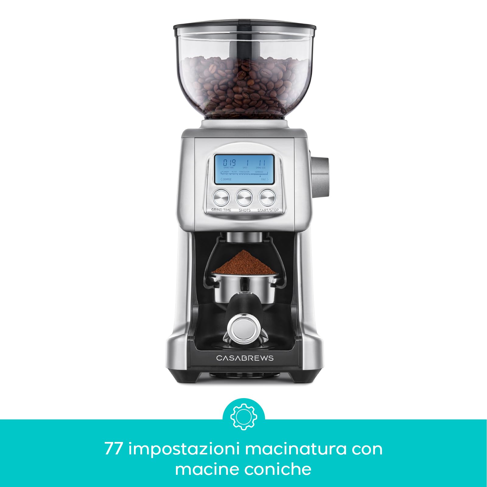 CASABREWS Macinacaffè Elettrico a Cono con 77 Livelli di Macinatura, Display LCD, Contenitore per Chicchi da 400g, Macina Caffè per Espresso, Portafiltro, French Press e Acciaio Inossidabile