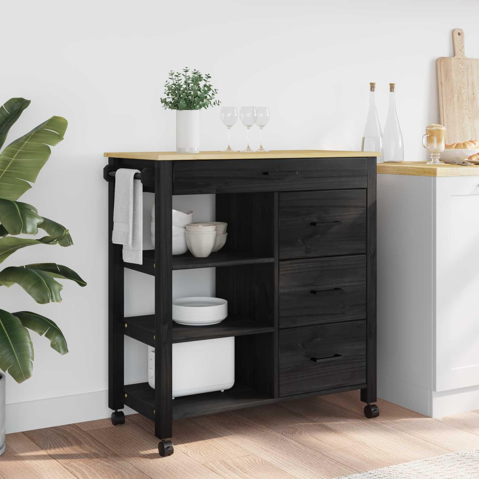 Chariot de Cuisine en Pin Massif Noir 84x40x88,5 cm avec Roulettes