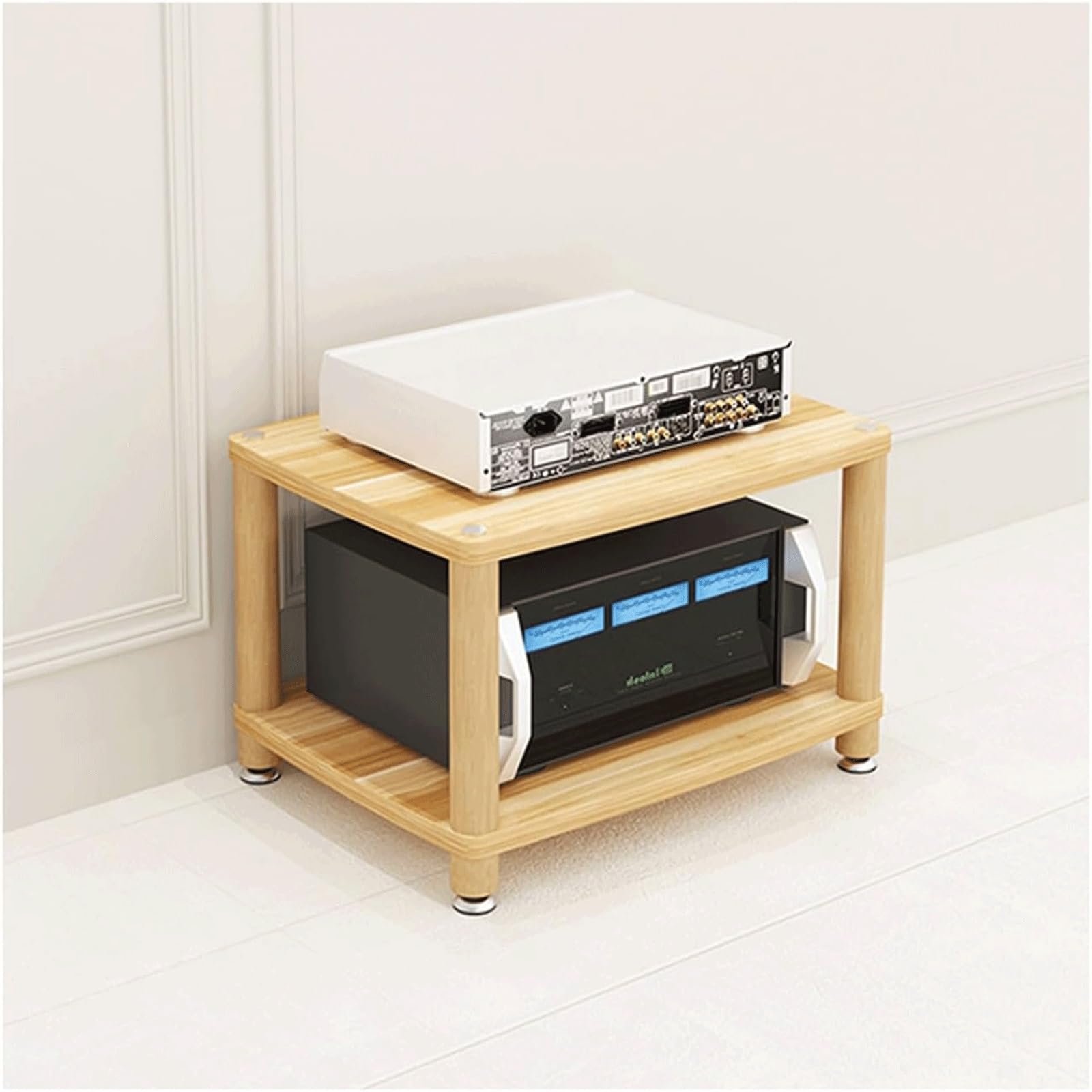 Robusto supporto AV a 2 livelli in legno naturale con gambe in acciaio inox, opzioni a 3/4 livelli disponibili, perfetto per home theater o configurazione audio.