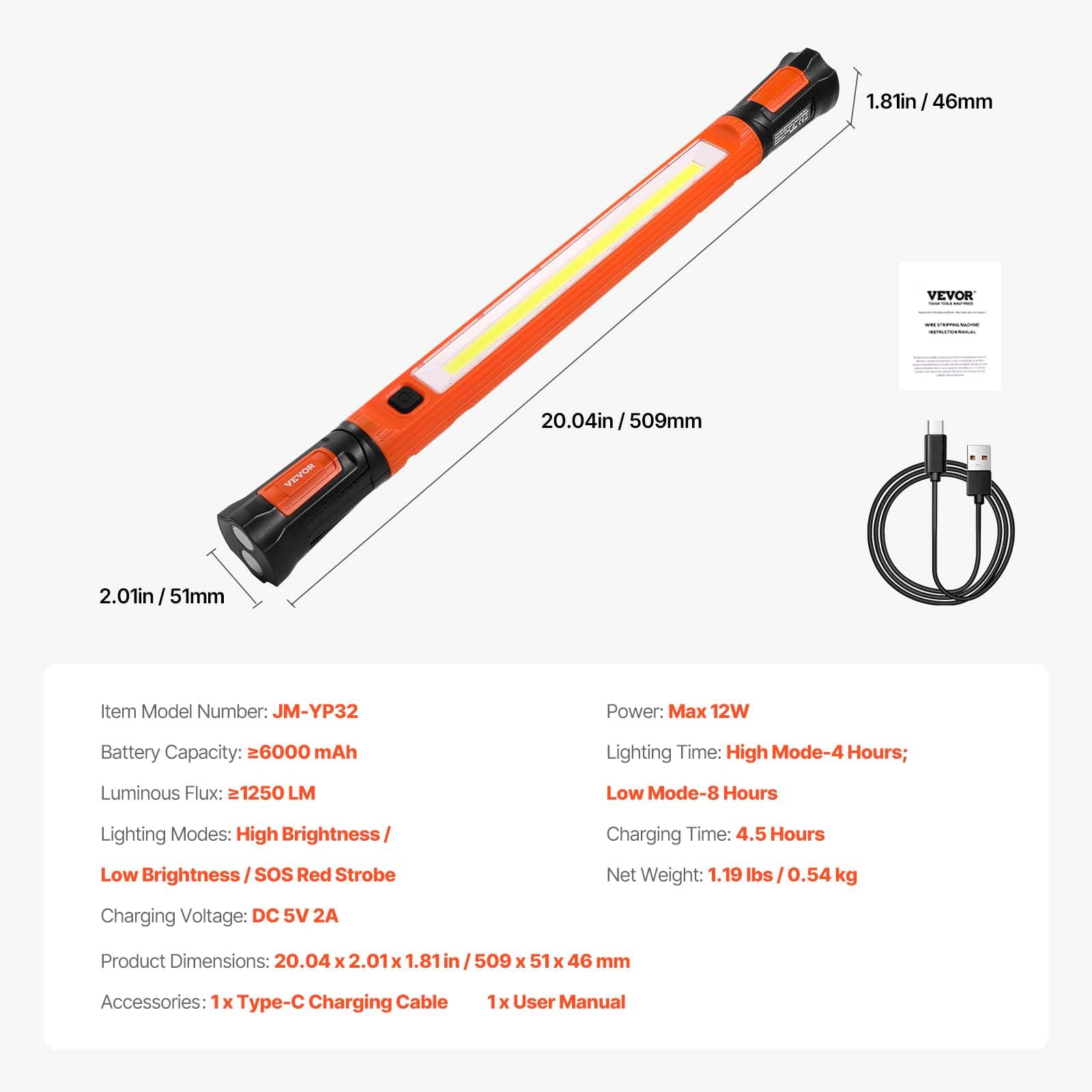 VEVOR Lampe de Travail LED Mécanicien 1250 lm Barre Lumineuse de Travail Sous Capot Rechargeable Magnétique sans Fil Portable 6000 mAh Éclairage d'Urgence, pour Réparation de Voiture, Garage, Atelier