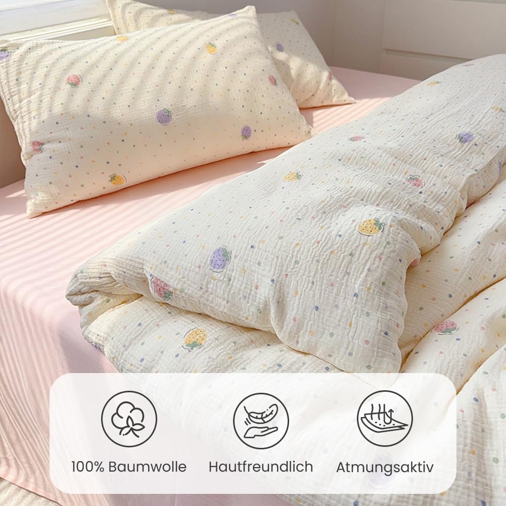 Nayoroom Musselin Bettwäsche 135x200 cm Baumwolle Bettbezug Set Erdbeeren | Oeko-TEX, Bettbezug 135x200 & Kissenbezug 80x80 cm, Atmungsaktiv, Hautfreundlich, für Kinder und Erwachsene, Reißverschluss