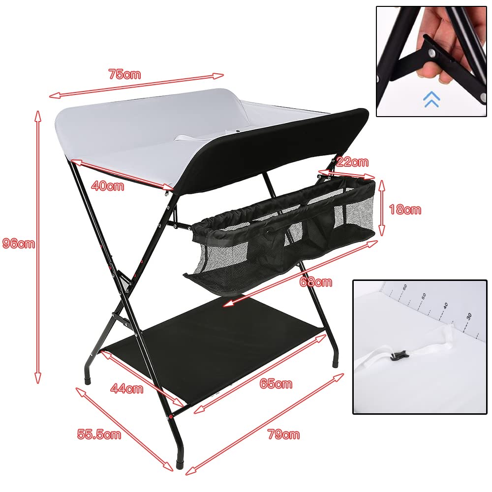 Cambiador Plegable Carga Hasta 25 kg Cambiador de Pañales con Almacenamiento y Cinturón de Seguridad Cambiador para Bebé sin Ruedas Negro-blanco 55,5×79×96 cm