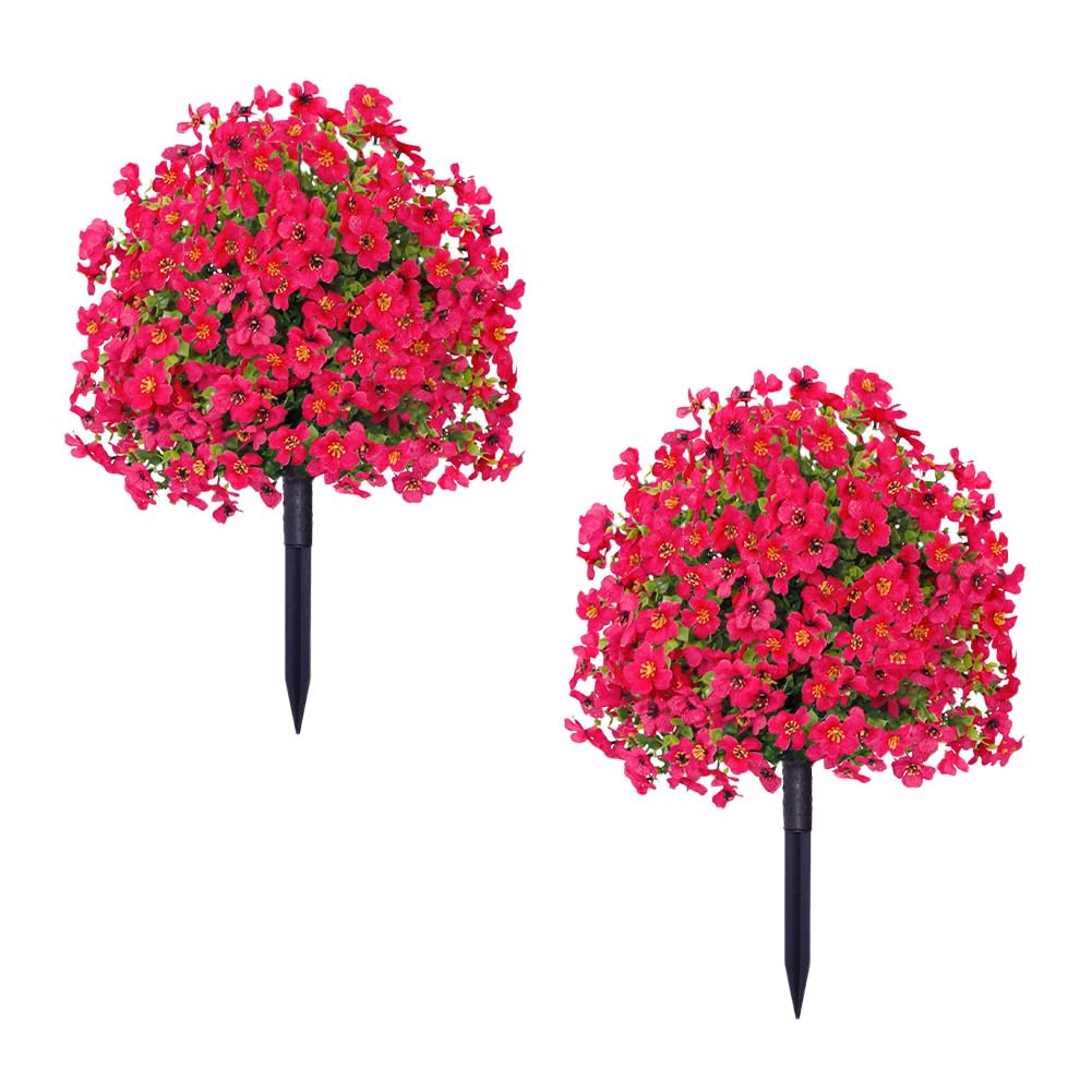 Crevyteg Artificial Boxwood Ball Tree with Ground Spike, Set of 2 Topiary Decorative Artificial Plants with Flower, 60cm UV Resistance Fake Shrubs Evergreen Plants Decor for Front Porch Garden,Red