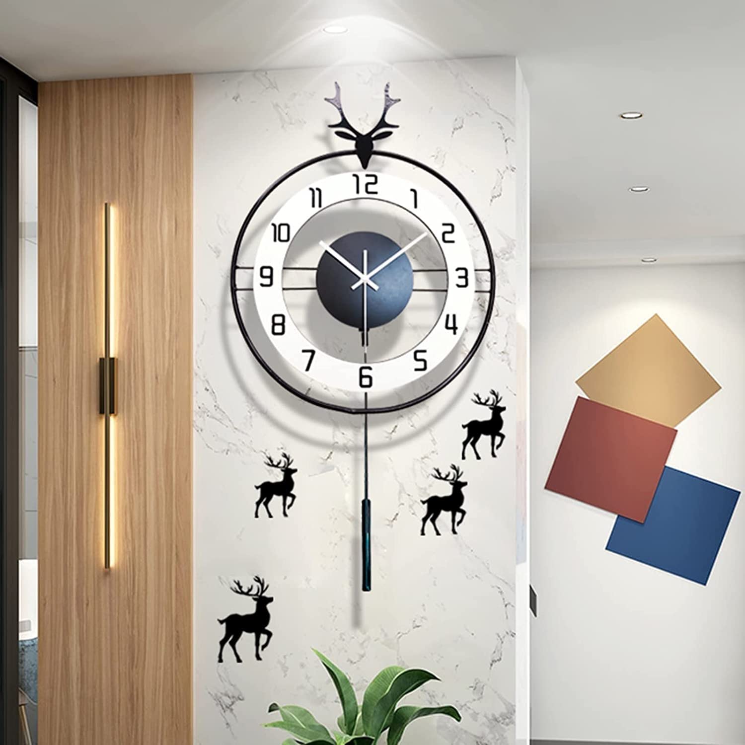 SaryEdge Wall Clock Modern Deer Art Metal Pendulum Wall Clock, Silent Non-Ticking Wall Clock for Living Room Decor, Wall Decoration Bedroom Office,70Cm A Wall Decor Clock-80cm a-One,80cm a-One Size