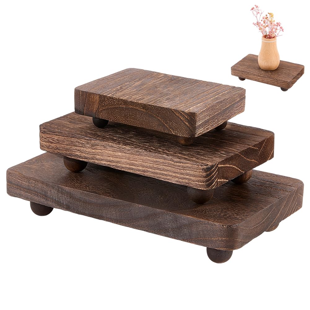 FINGERINSPIRE 3 Pcs Wooden Display Stands 3 Sizes Coconut Brown Rectangle Pedestal Stands Vintage Rustic Stackable Kitchen Stand Wood Kitchen Soap Tray Riser for Bottle Plant Tissues Candles Display
