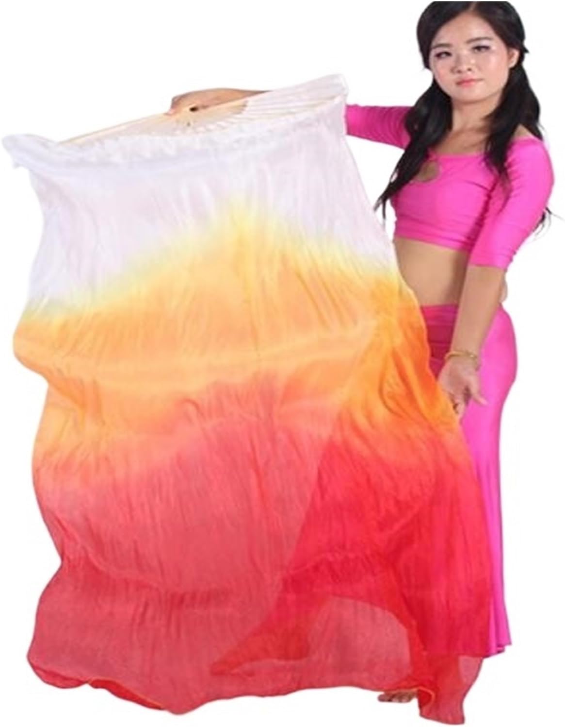 1 pair Women Belly Dance Fan Veil Hand Made White Blue Gradient Silk Pairs 180x90cm Girls Stage Show Props
