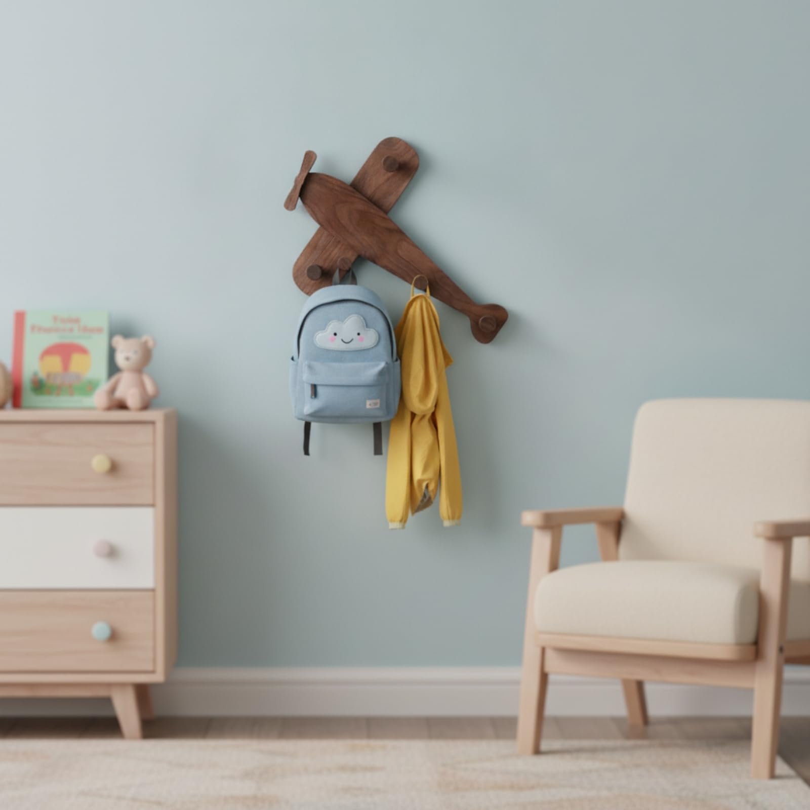 Porte-Manteau Avion En Bois Robuste Patère En Forme D'avion Naturel Porte-Manteau Mural avec Crochets pour Entrée