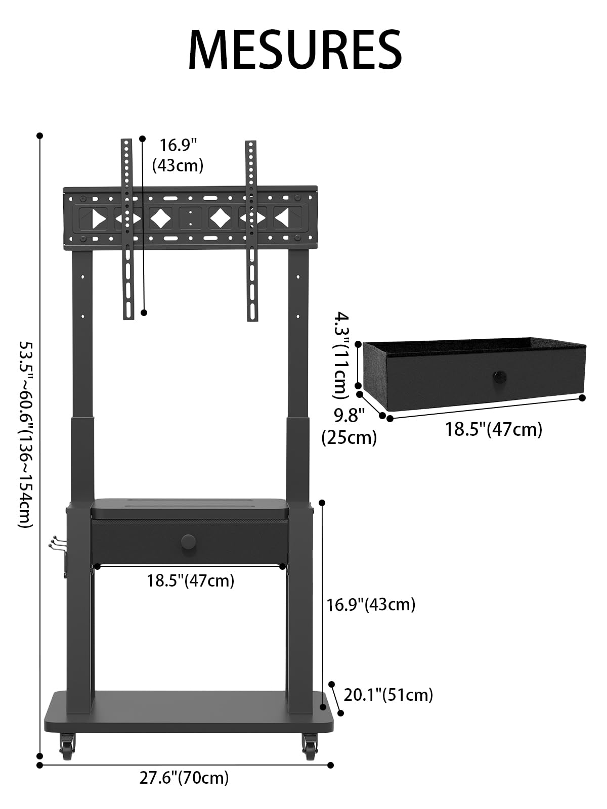 Support TV Roulant avec tiroir de Rangement en Tissu pour écran Plat/incurvé de 32-75" jusqu'à 100 kg LCD/LED/OLED Hauteur réglable Chariot TV Mobile avec Roues pour la Maison, Le Bureau et, Noir