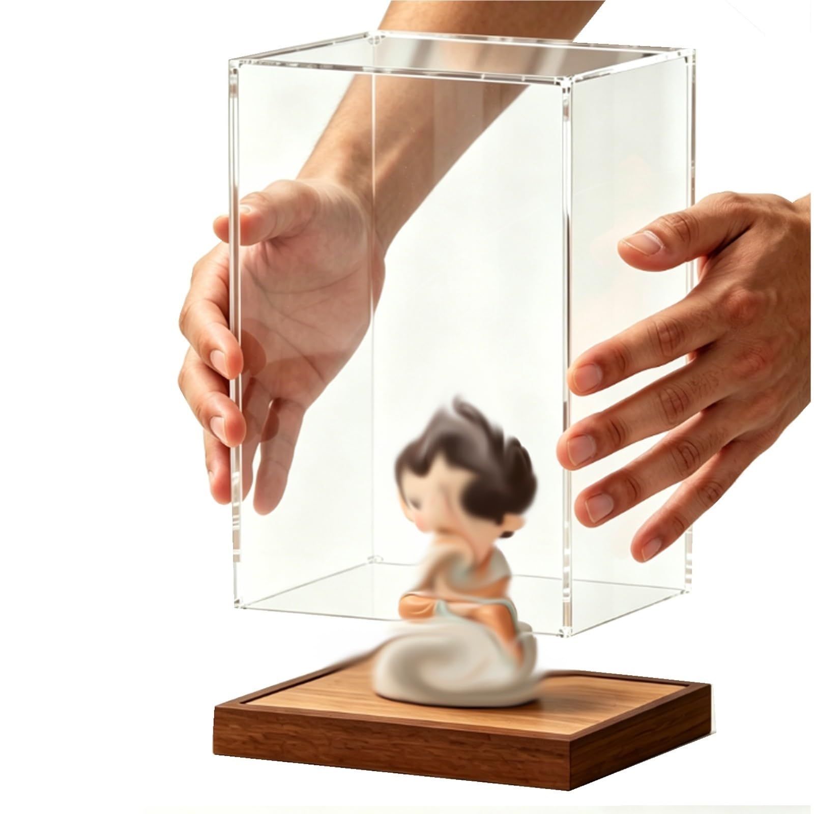 Clear Acrylic Display Case for Collectibles, Organizing Box Fits Miniature House/ Blind Box/ Cosmetic, Assembly Required, Walnut Base(40x40x40cm/16x16x16in)