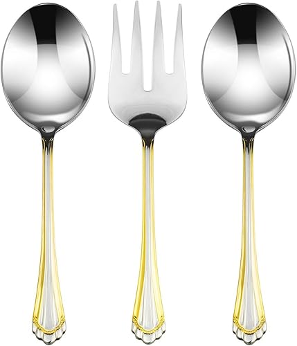 Miniatura 10 de Juego de cubiertos de oro. Juego de 75 elementos para servir la comida, para 12 comensales, de acero quirúrgico premium 1810, con detalles bañados