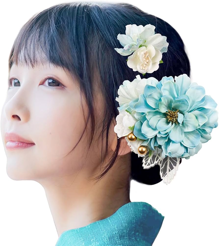 水色青髪飾りヘアクリップ 七五三袴卒園式卒業式結婚式発表会和