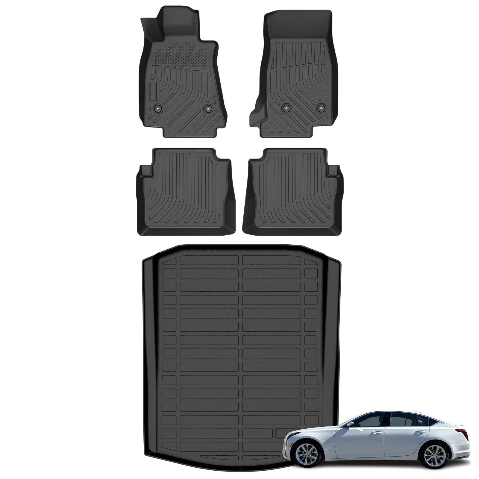 AZYT® Floor Mats &amp; Cargo Liner Set for 2020-2026 Cadillac CT5 All Weather Automotive TPE Floor Liners Set Anti-Slip Waterproof Accessories - Black