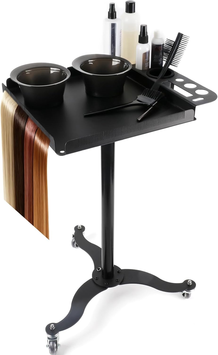 Salon Tray on Wheels, Tattoo Tray with Storage Platform, Adjustable Height Hair Stylist Coloring Extension Rolling Trays with 2 Magnetic Bowls & Hair Separator Stand for Salon Spa Use