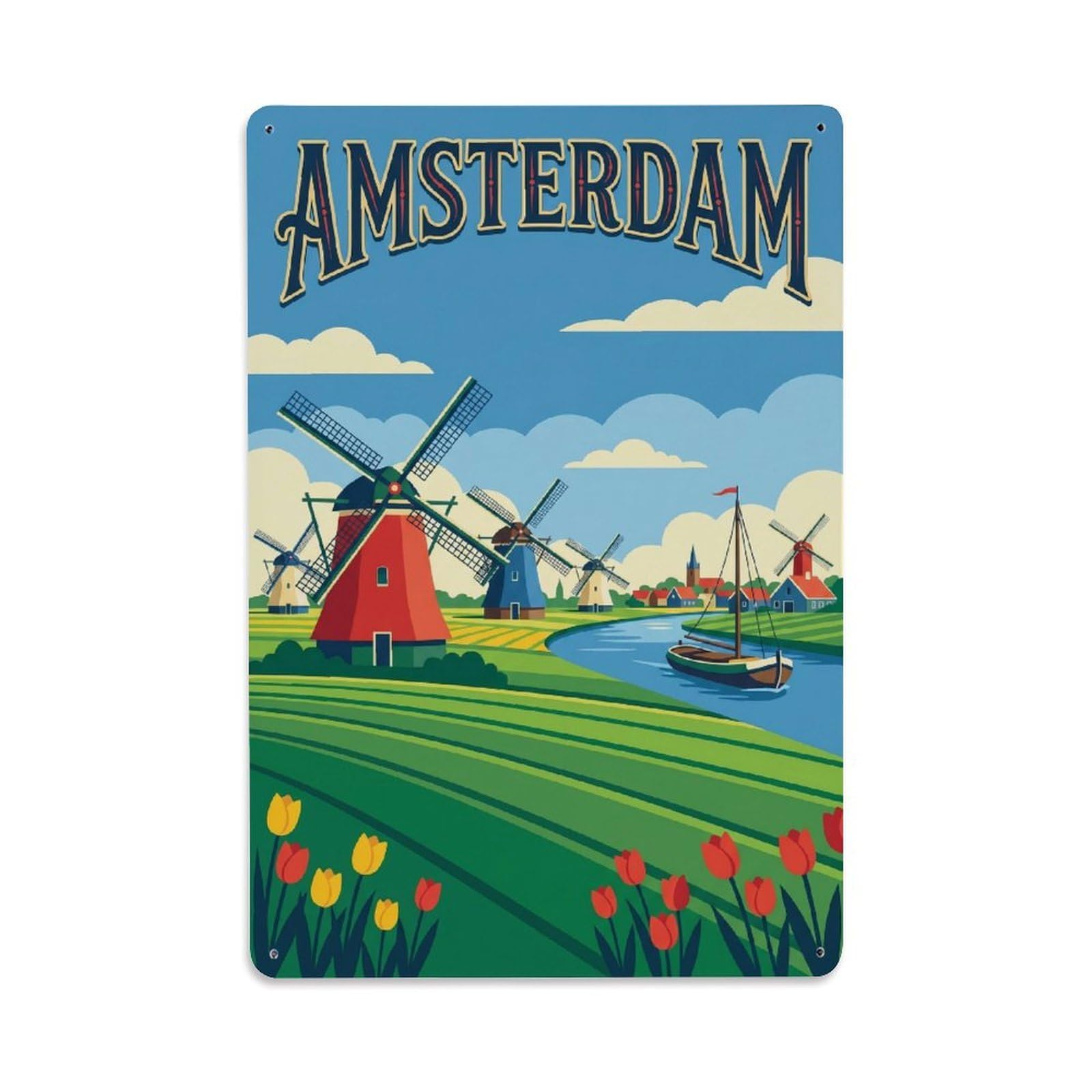 Windmills Amsterdam Netherlands Classic Country Route Metal Tin Sign Plaque Wall Decor for Cafe, Man Cave, Club Bar, Office, Home Garden Round Metal Poster 8x12Inch