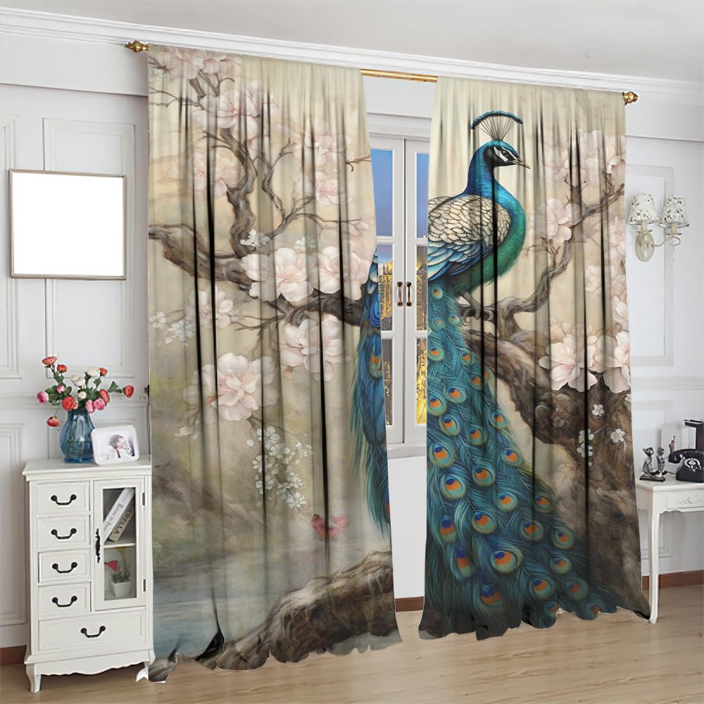 Modern Peacock Window Treatment Curtains Beautiful Animal Countryside Flower Abstract Blackout Drapes Thermal Insulated Curtain for Bedroom Living Room Home Decor 2 Panels, Each 21 W x 45 L inch