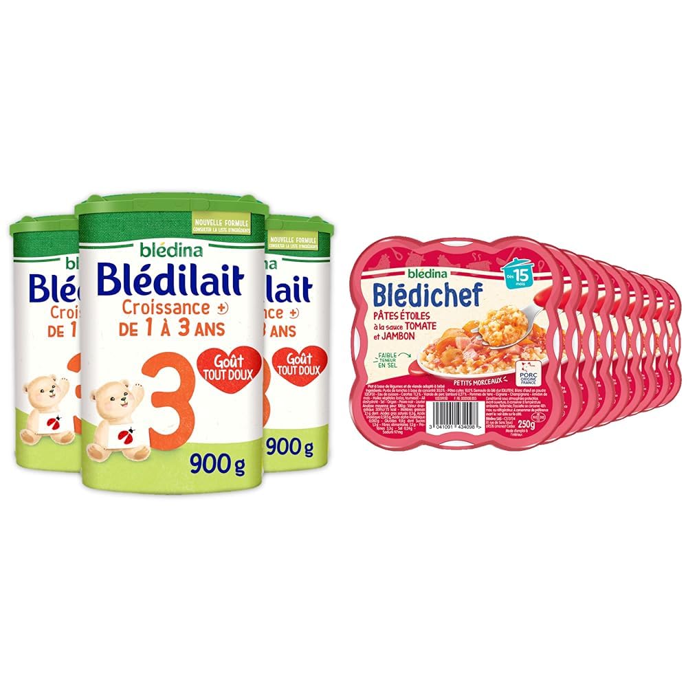 Blédina Blédilait Croissance 3+ Lait en Poudre pour Bébé, 3 x 900g + Blédina - Blédichef - Repas Bébé 15 Mois - 9 Plats Pâtes Etoiles Sauce Tomate Jambon de 250g- Petits Morceaux - Dès 15 Mois