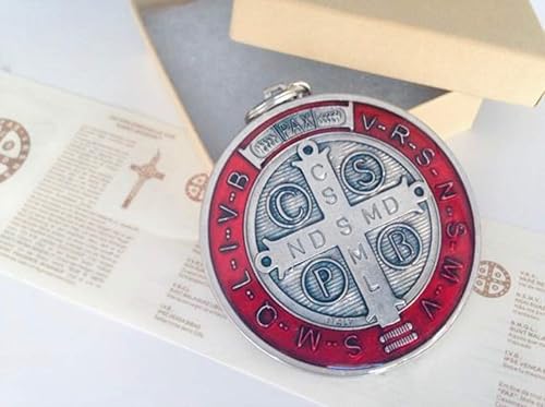 Miniatura 3 de Medalla de San Benito de 3 pulgadas con resina roja Acabado chapado en plata con tarjeta de oración tamaño billetera/Medalla de San Benito con