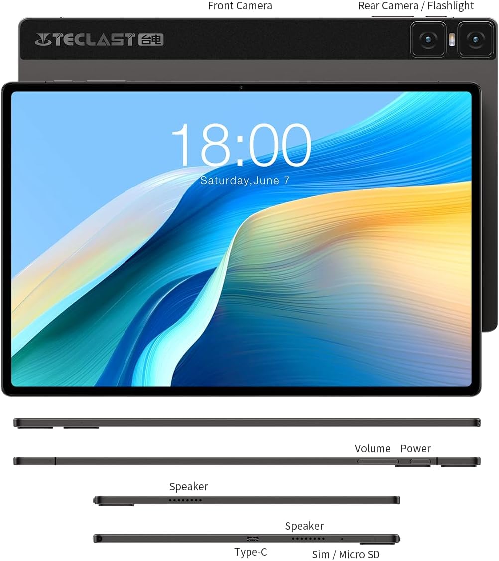 TECLAST T45HD 2K Tablet 10,5 Pollici 16GB+128GB ROM/4TB TF, 4G LTE Dual SIM+5G WiFi, 2GHz T606 Octa-Core, Android 13/8+13MP/7200mAh/GMS/GPS/TUV/3.5mm Jack/Widevine L1-2024