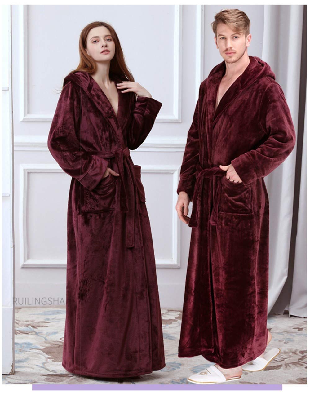 Peignoir d'hiver,À La Mode Homme’S Winter Hooded Extra Long Warm Bathrobe Luxurious Thick Flannel Soft Pyjamas Sexy Couple Comfortable Wine Red Elegant Party