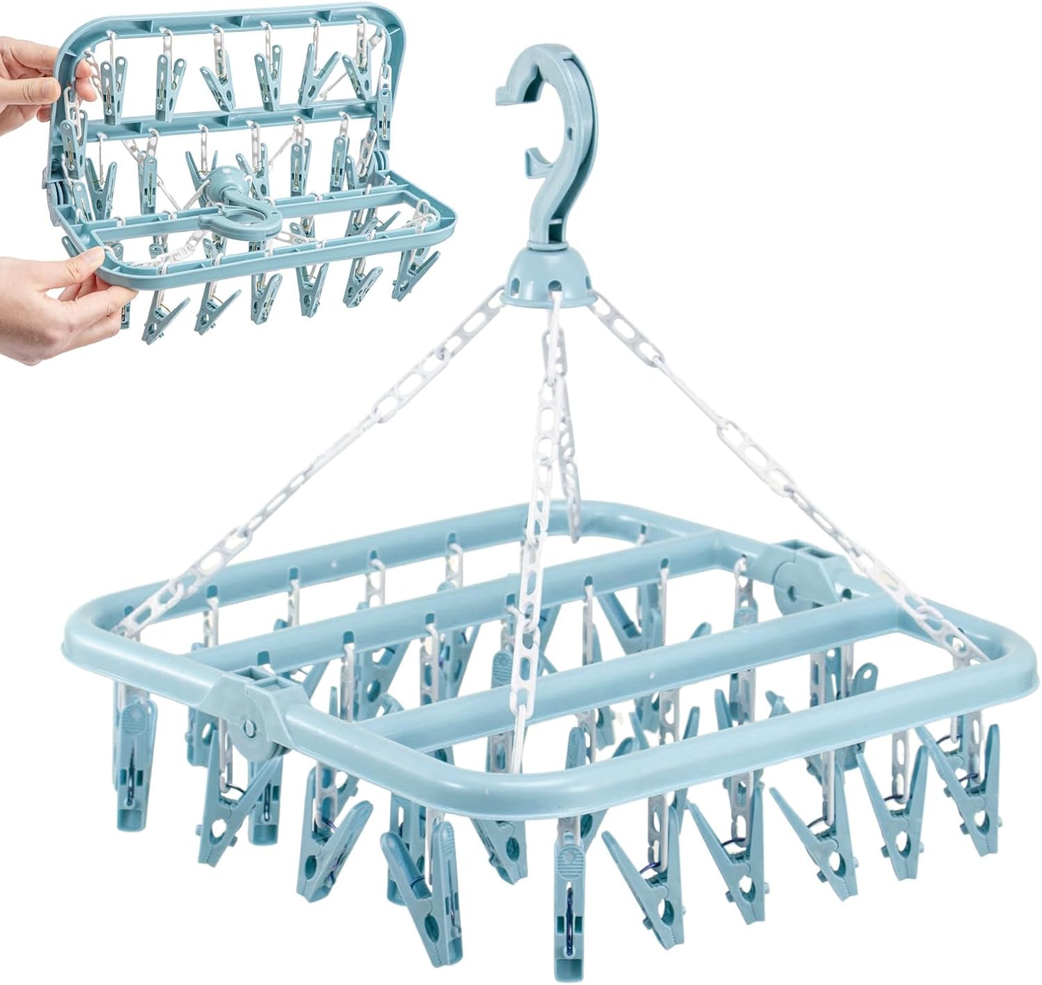 Géneric Blue Sock Hangers For Drying, Sock Dryer With 32 Clips, Foldable Hanging Socks Rack For Underwear, Shoe Insoles