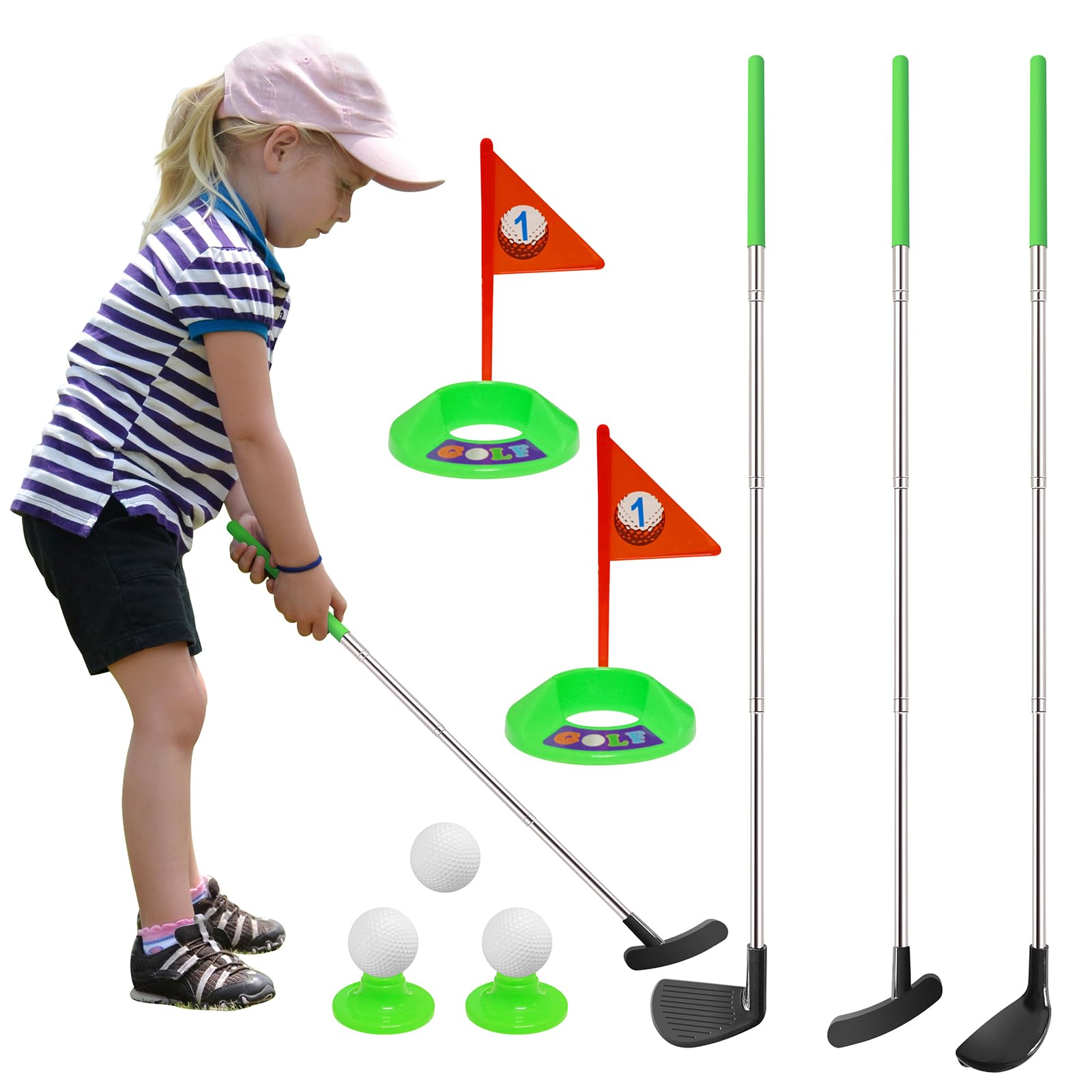 Dyienocs Kids Golf Training Set, 3 Clubs with Practice Balls, Putting Cups and Flag Poles, Right Hand