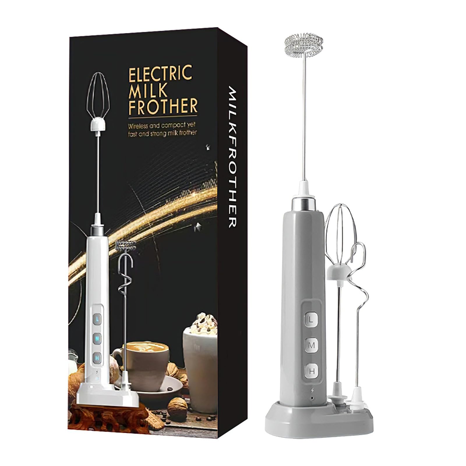 alloneslife Rechargeable Electric Milk Frother with Detachable Metal Heads 3 Speed Modes 1200mAh for Coffee and Baking Multifunction Electric Whisk